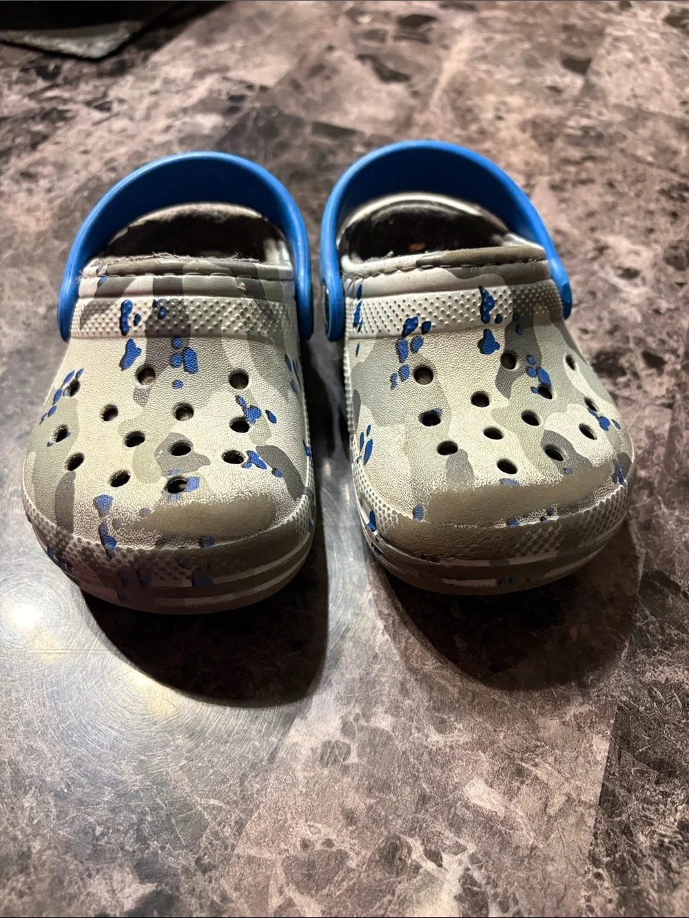 CROCS Kids Gray Camo Clogs with Blue Strap Accents